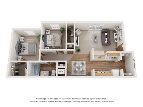 Floor plan for 2 beds, 1 bath, 805 sqft